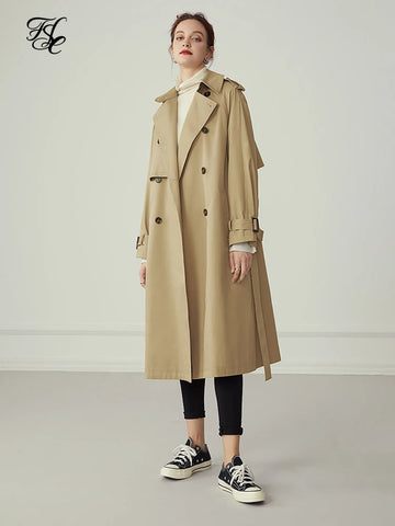 FSLE 100% Cotton Khaki Long Women Trench Coat Autumn Winter