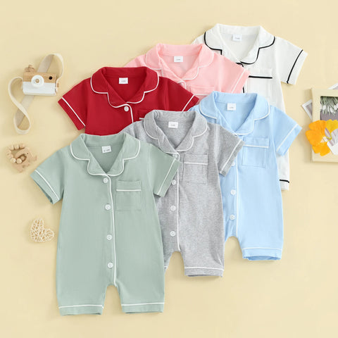 Newborn Baby Pajamas Rompers Turn-Down Collar Short Sleeve Sleepwear Overalls Toddler Buttons Pocket Infant Bodysuits Sleepwear