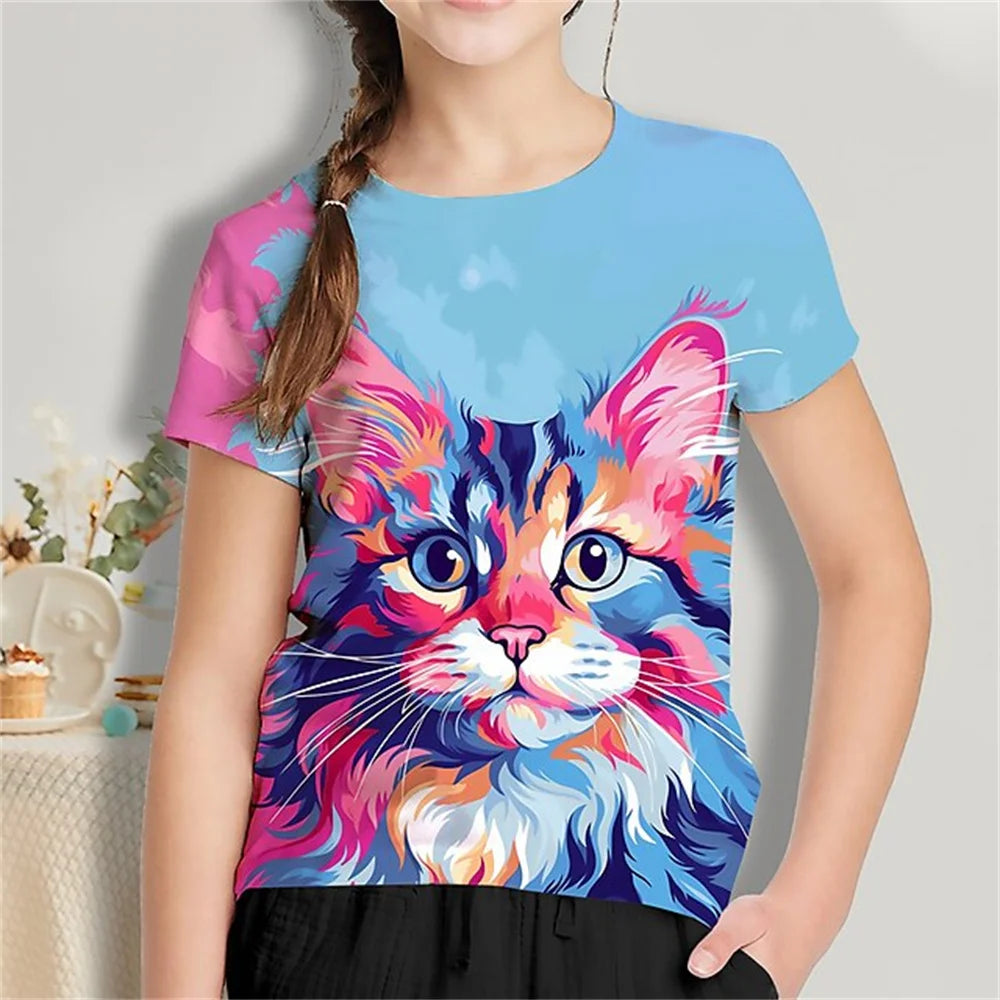 Cat Short Sleeve Horse Child Tshirt Summer Kawaii Kid T-Shirt For Children Tops Fashion Tee Girls Clothes From 8 To 14 Years Old