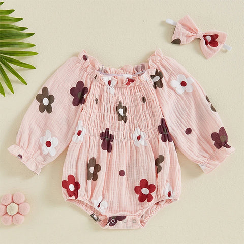 Newborn Baby Girls Casual Rompers Floral/Cherry Print Ruffles Long Sleeve Pleated Cotton Jumpsuits One-pieces Headband Outfits