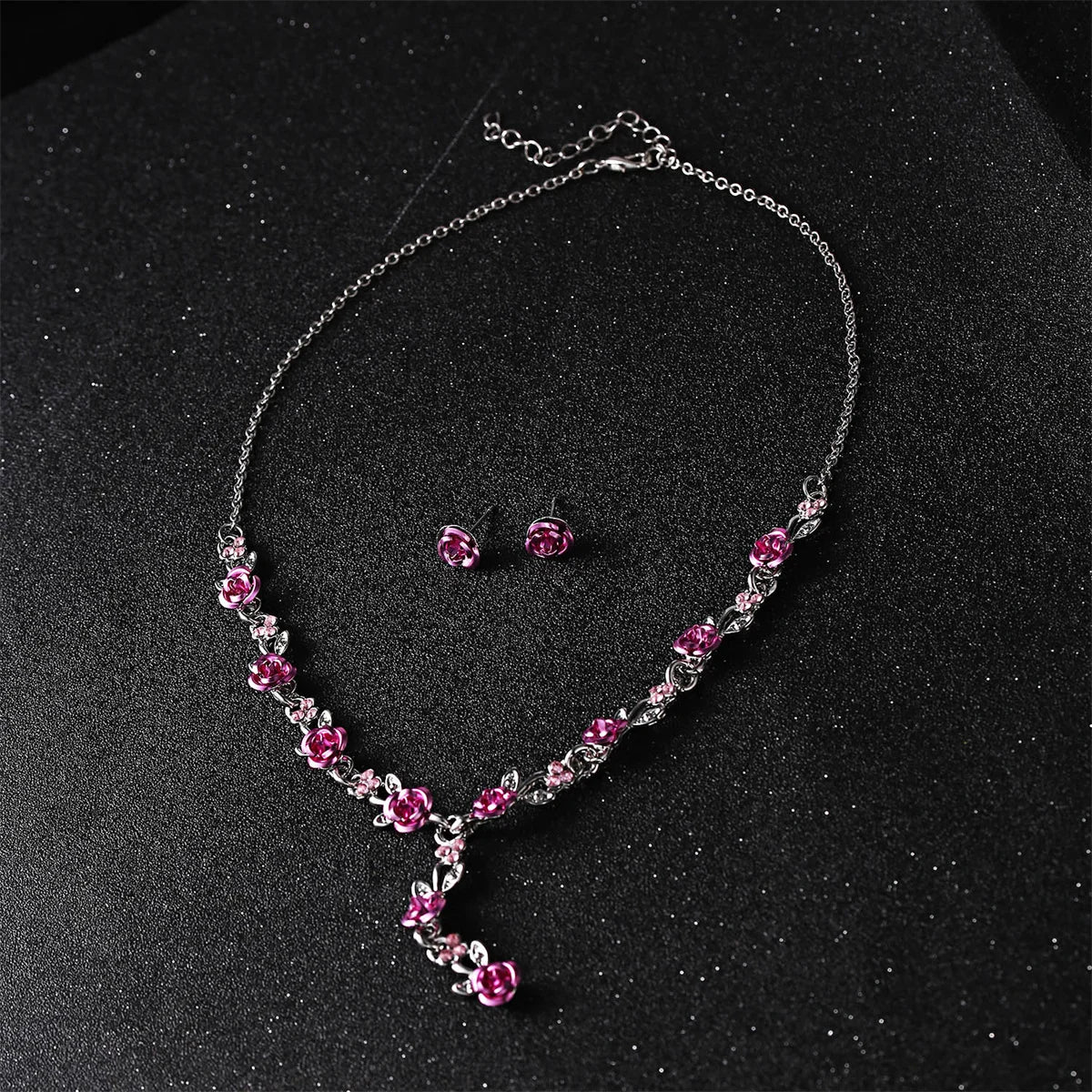 Vintage Red Rose Flower Necklace Earrings Set For Women Elegant Wedding Bridal Jewelry Sets Fashion Flower Marriage Jewelry Set