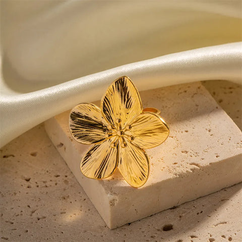 Exquisite Stainless Steel Flower Adjustable Opening Rings 18k Gold PVD Plated Waterproof Finger Jewelry For Women Wedding Gift