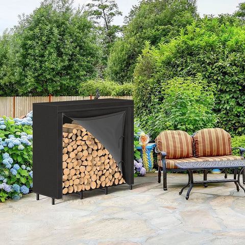 Firewood Rack Outdoor with Cover 5.3ft Firewood Log Rack Fire Log Holder Indoors Adjustable Fire Wood Rack StandBlack Waterproof