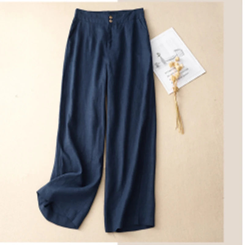 Linen High Waist Solid Color Wide Leg Pants