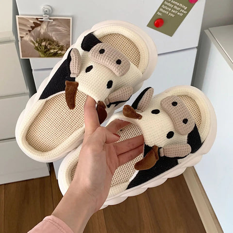 Four Seasons Indoor Home Sandals Cute Cartoon Frog Milk Cow House Slippers Personalized Couple Slides Women Linen Slippers