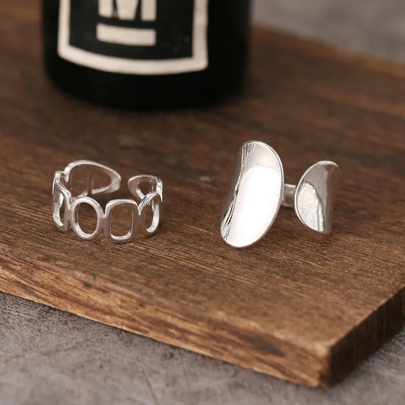 925 Sterling Silver Simple Punk Hollow Rings For Women Geometric Fashion Open Adjustable Handmade Party Jewelry Gift Allergy