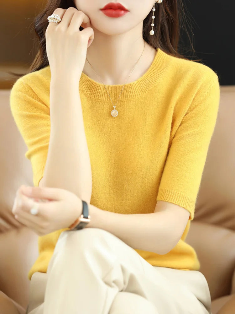 Spring and Summer New Short-sleeved Women O-neck Slim  Sweater