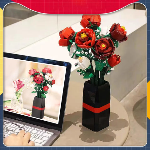 Creative Red Rose Vase Plants Model Building Blocks Moc Romantic Classic Flowers Bouquet Potted Bricks Toys Valentine's Day Gift