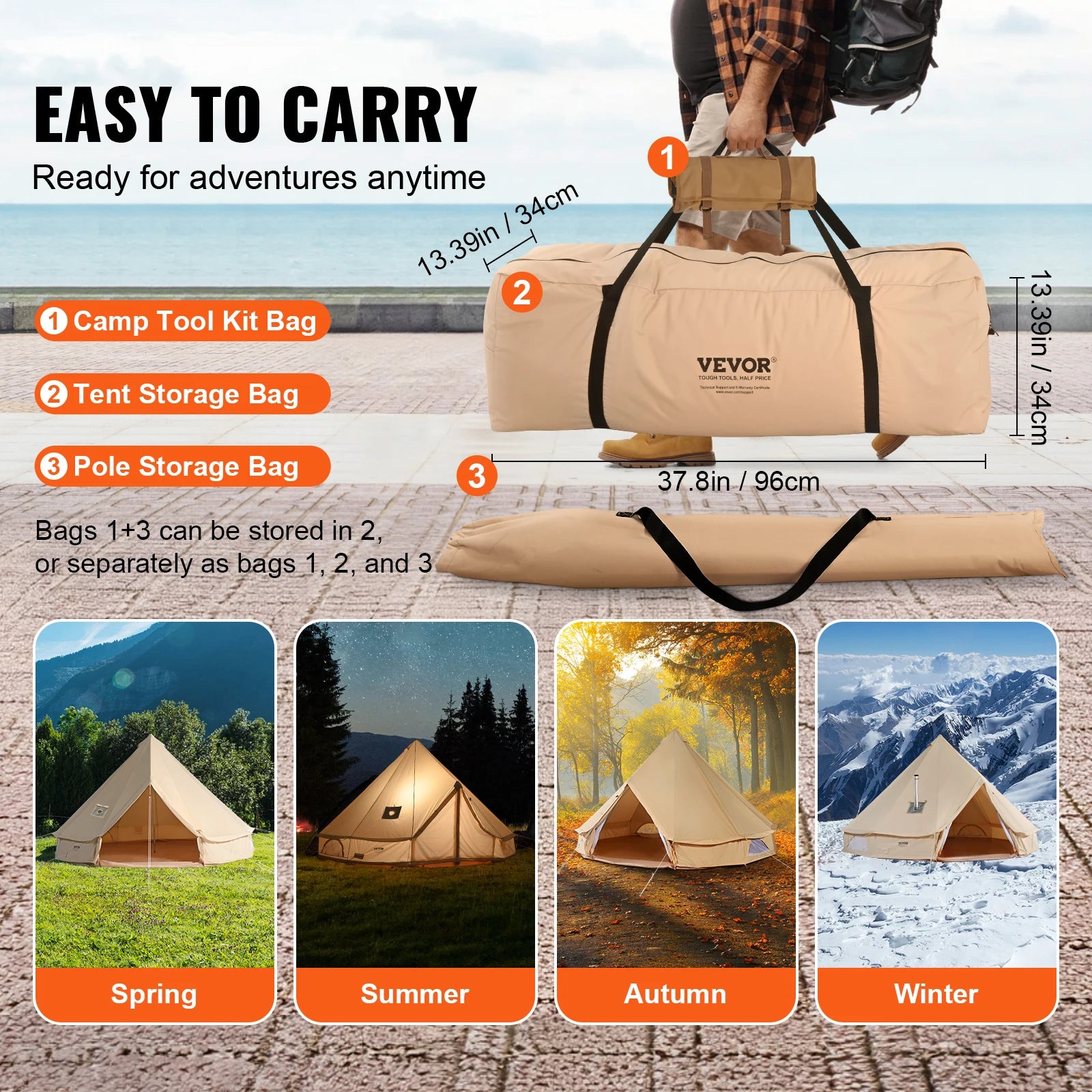 VEVOR Canvas Bell Tent 4 Seasons 3/4/5/6/7m Yurt Tent Canvas Tent for Camping with Stove Breathable Tent Holds up to 8 People