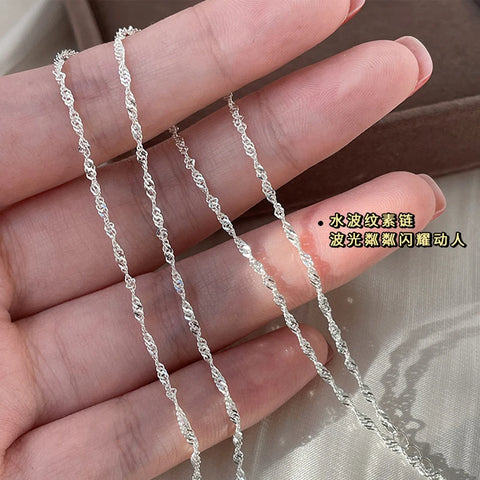 50cm 925 Sterling Silver Sparkling Water Wave Chains Necklace Smooth Choker Simple Women For Girls Wedding Gift Fine Jewelry