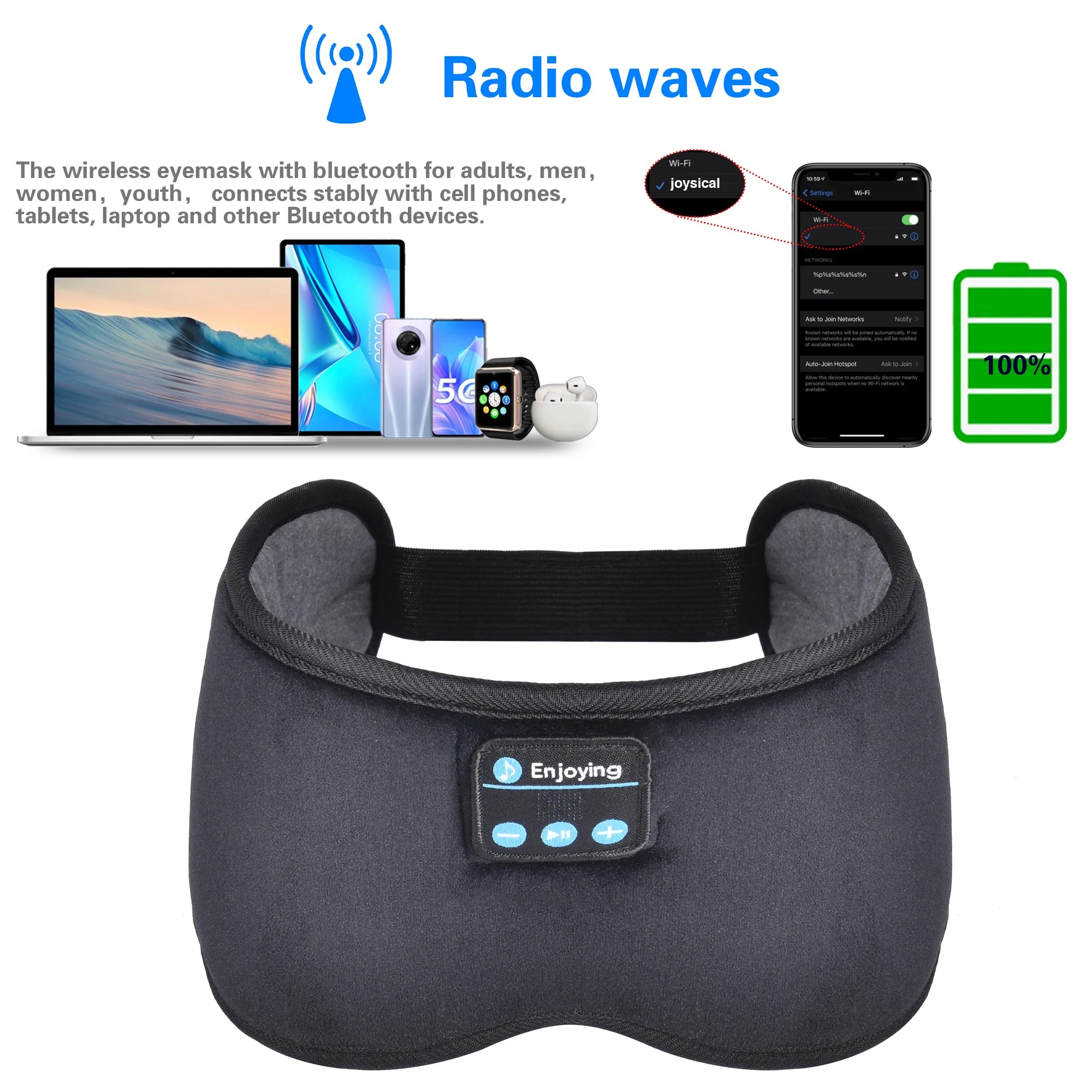 Headphones 5.3 Bluetooth Eye Mask, Wireless Sleeping Eye Mask for Men Women, Travel Eye Cover Light Block with Music