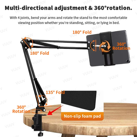 VUUV Tablet Holder iPad Desk Stand with 360° Adjustable Foldable Metal Arm Tablet Bracket for Xiaomi Samsung iPad Accessories