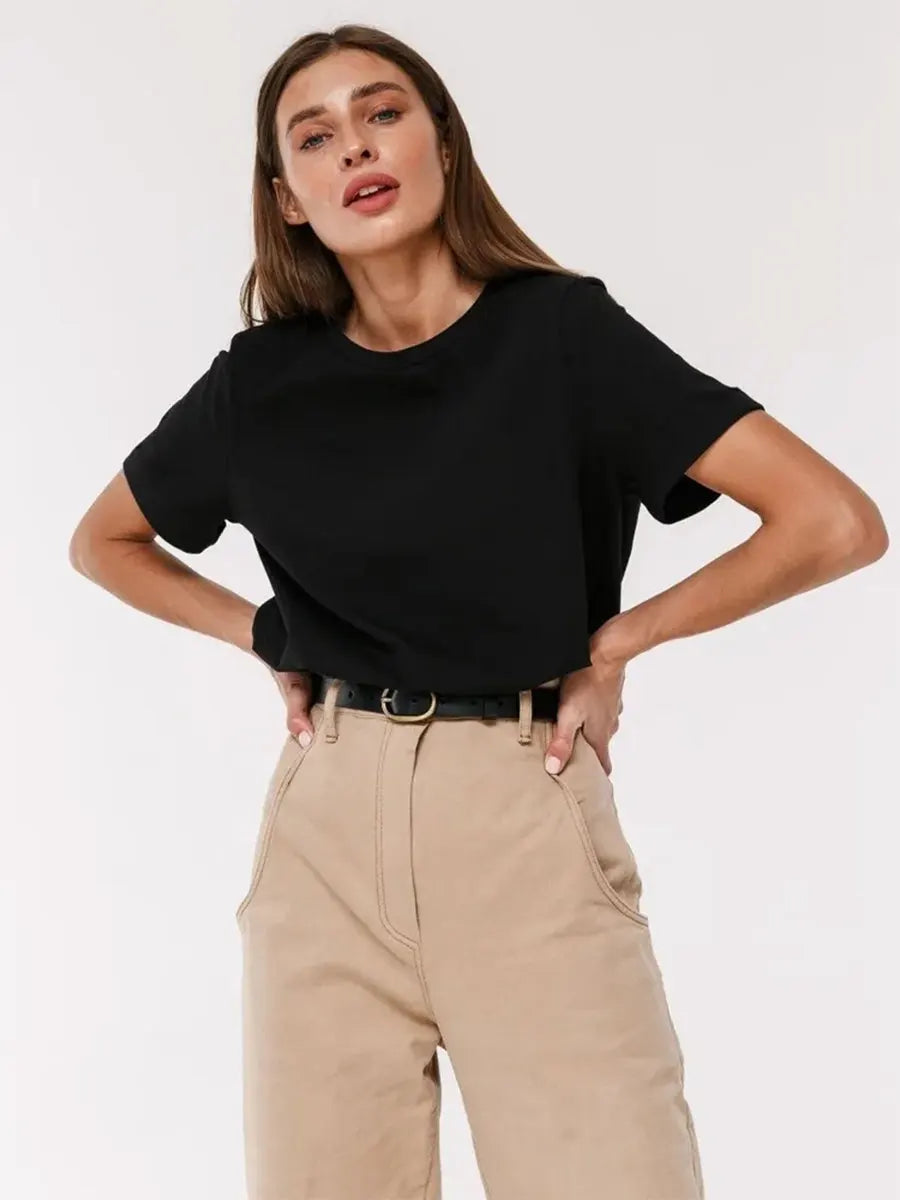 Basic Fashionable Solid Lady Short Sleeve Loose Tops Shirts