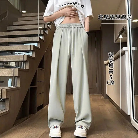 Summer Fashion Thin Ice Silk Loose Straight Pants Men Solid Elastic Waist Drawstring Pocket Casual Ventilate Wide Leg Trousers