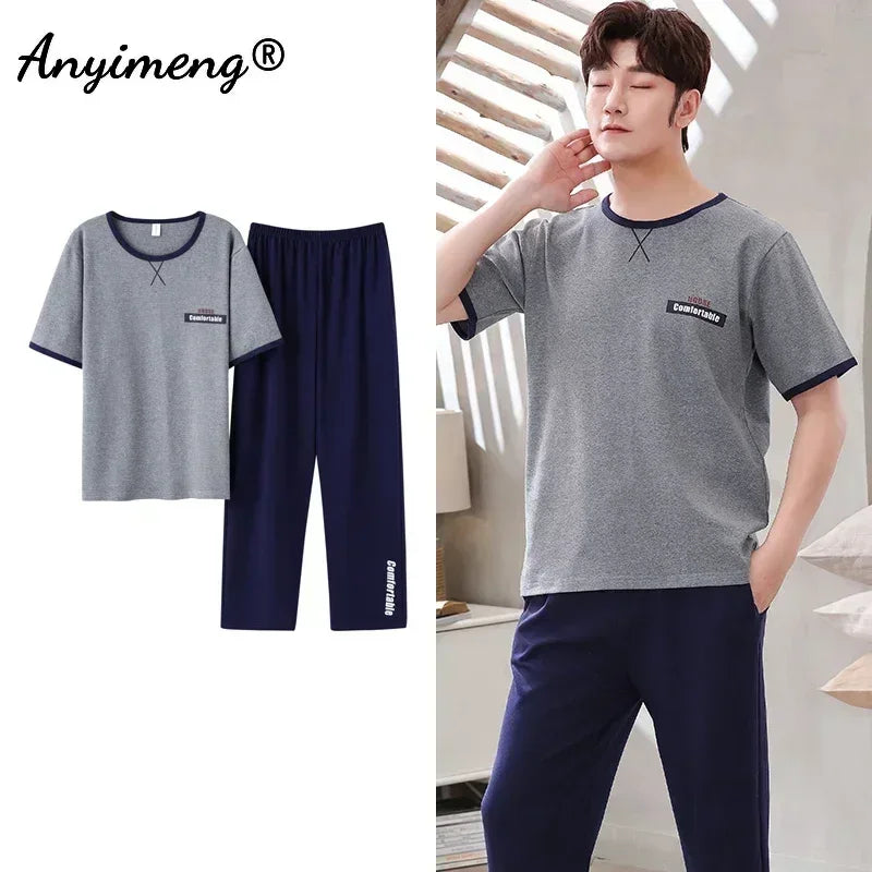 Mens Fresh Pajamas 3xl 4xl Sleepwear Short Sleeved Long Pants Cotton Leisure Pyjamas for Boy Plaid Pants Men Summer Nightwear