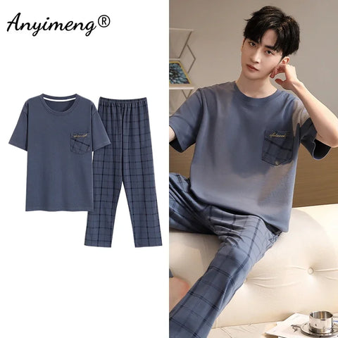 Mens Fresh Pajamas 3xl 4xl Sleepwear Short Sleeved Long Pants Cotton Leisure Pyjamas for Boy Plaid Pants Men Summer Nightwear