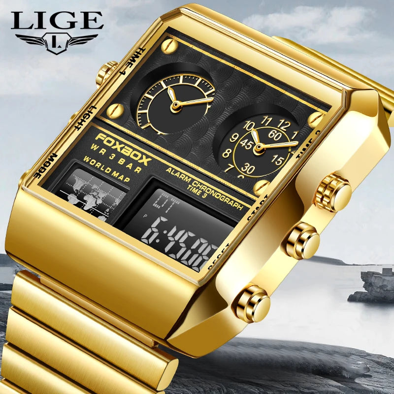 LIGE New Fashion Square Watch Men Casual Sports Military Quartz Chronograph Wristwatches Waterproof Dual Display Watch For Men