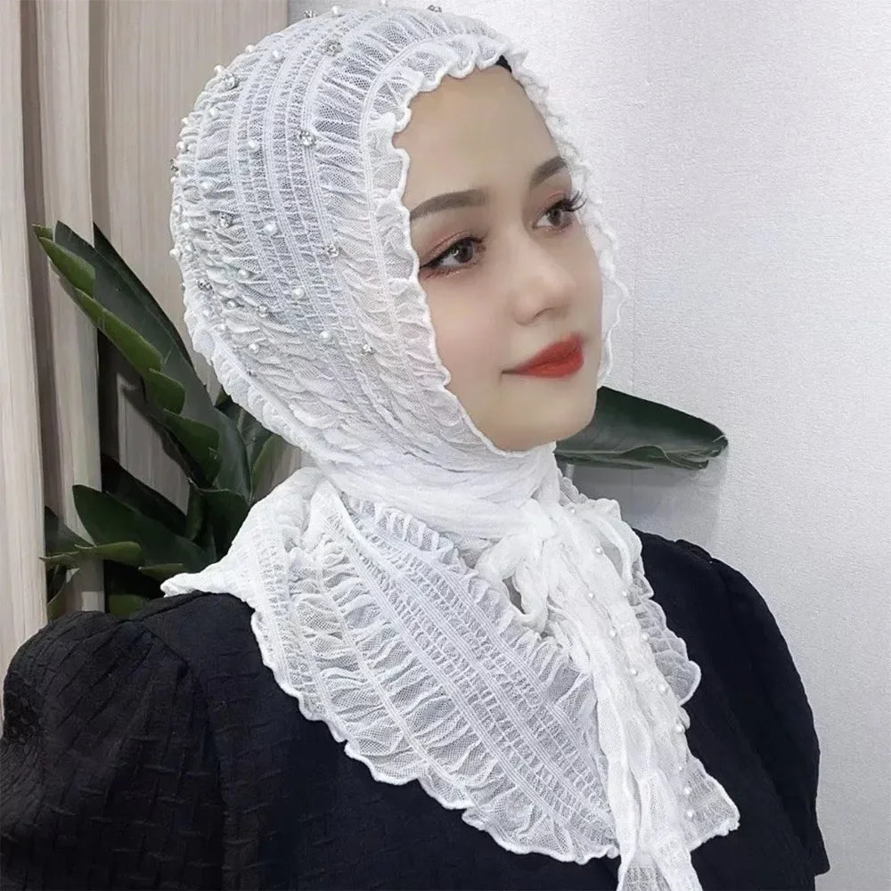 Muslim Solid Color Beaded Arab Hijab Malaysia Women Pearl Soft and Easy to Wear Hijab Turkish Head Wrap Scarf