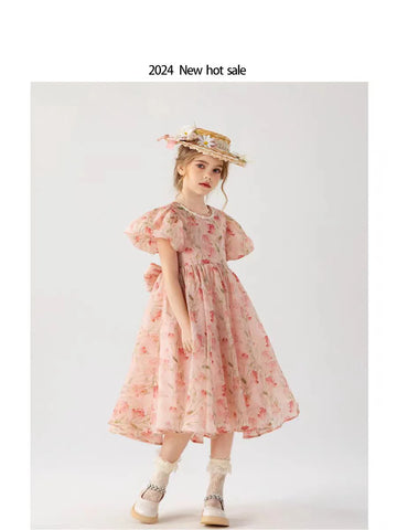 kids Holiday style dress for Girls Elegant Children Summer Chiffon Kids Flower Puff Short Sleeve Ball Gown Princess Dresses