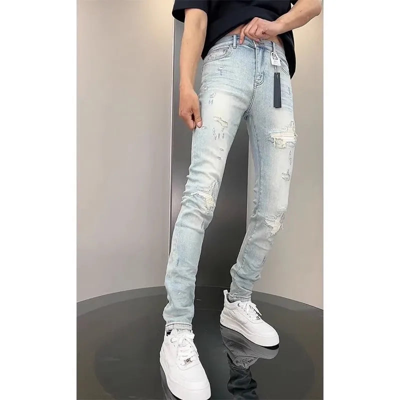 New Korean Luxury Clothing High Quality Jeans for Men Fashion Slim Fit Pencil Pants with Holes Summer Casual Denim Trousers Male