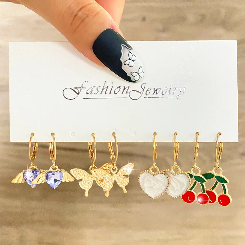 KISSWIFE INS Style Heart Wings Butterfly Earrings Set For Women Girls Gold Color Pearl Cherry Tassel Earrings Jewelry 2022