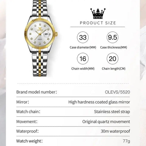 OLEVS Women's Watches Luxury Diamond Elegant Women Wristwatch Stainless Steel Waterproof Luminous Ladies Watch Jewelry Set