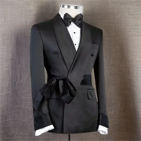 Men's Jacket Black Belt Shawl Lapel Slim Fit Double Breasted Clothing Groomsmen Suit New Fashion Business Wedding Tuxedo Blazer