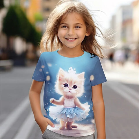 Cat Short Sleeve Horse Child Tshirt Summer Kawaii Kid T-Shirt For Children Tops Fashion Tee Girls Clothes From 8 To 14 Years Old