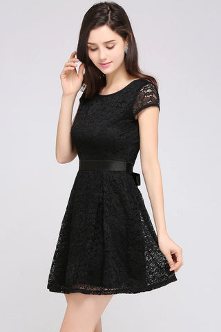 Sexy Elegant Cocktail Dresses With Belt Little Black Dress Illusion Lace Mini A-line V-back Backless Evening Party Gowns Vestido