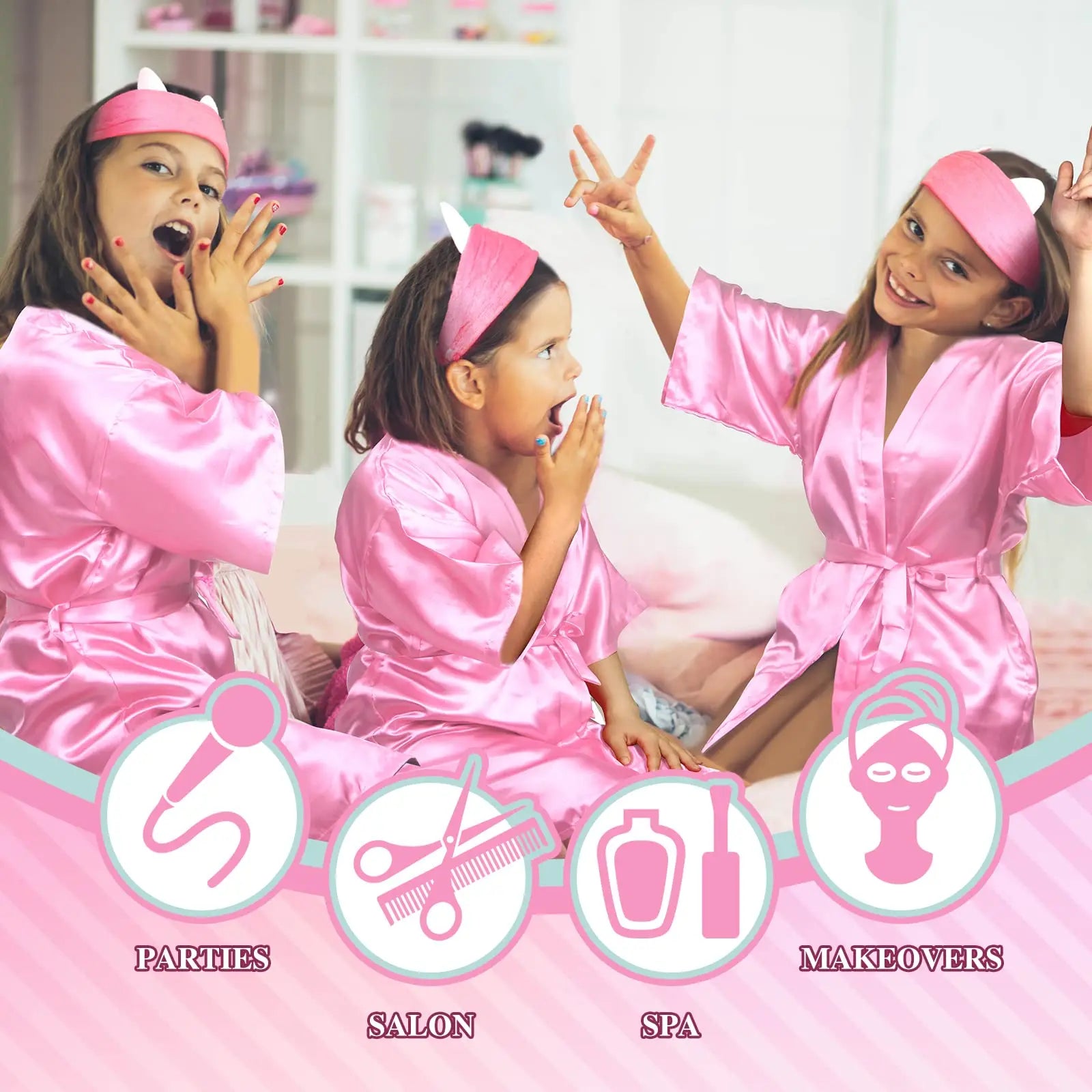 6-15Pack Spa Party Robes Kimono Girl Birthday Favors Kids Satin Bathrobe Slumber Party Costume Supplies Women Headband Blindfold