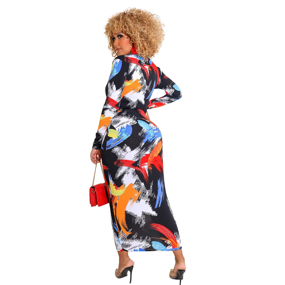 Printed Zipper Double-sided Long Sleeve Dress - Nuri Shopping