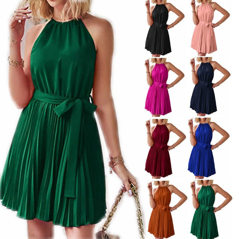 Halter Strapless Dresses For Women Solid Pleated Skirt Summer Beach Sundress - Nuri Shopping