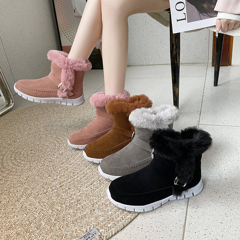 Ankle Boots With Buckle Design Plus Velvet Flat Shoes For Women