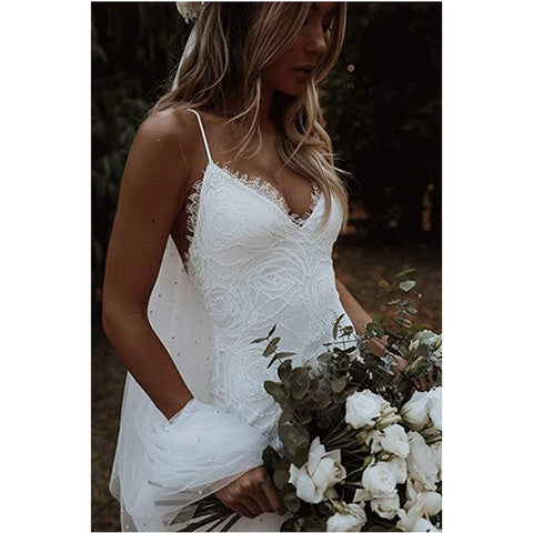 Women's Simple Slim Fit Backless Fishtail Strap Wedding Dress - Nuri Shopping