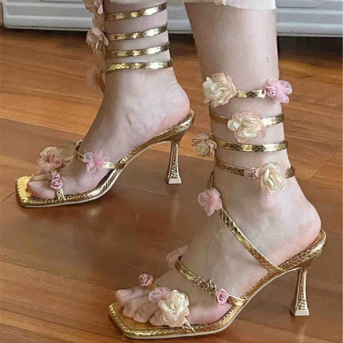Floral Slim Heeled Roman Sandals