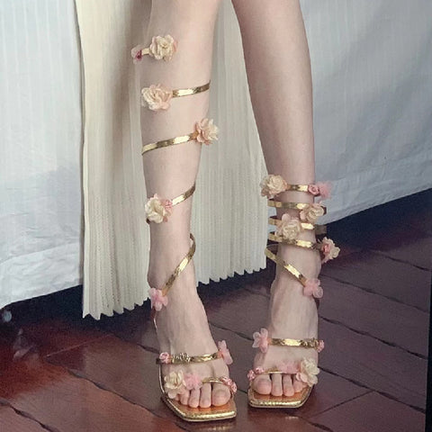 Floral Slim Heeled Roman Sandals