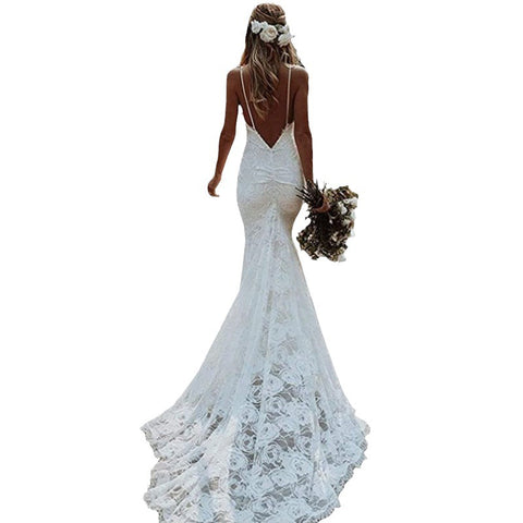 Women's Simple Slim Fit Backless Fishtail Strap Wedding Dress - Nuri Shopping