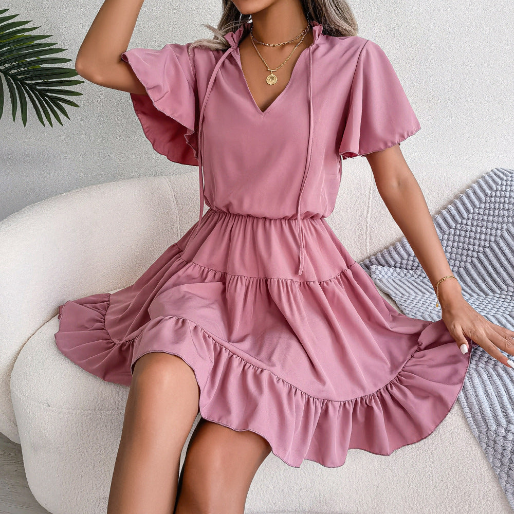 Female Flounced Skirt Ribbon Big Hem A- Line Skirt Solid Color Dress - Nuri Shopping