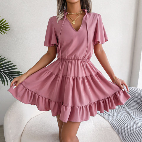 Female Flounced Skirt Ribbon Big Hem A- Line Skirt Solid Color Dress - Nuri Shopping